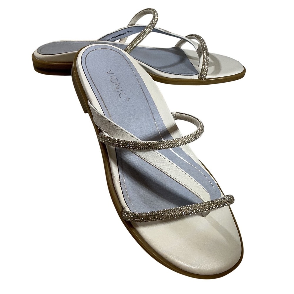 Vionic Prism White Leather Rhinestone Strappy Thong Sandals Womens 7W Orthotic